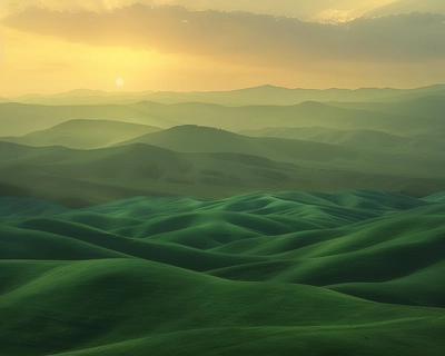 A picture of green rolling hills with few trees. Add a mountain range in the distance. Space out two mountains and Add a sunset in between them. Emphasize the sunset and the sky.
