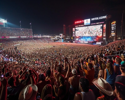 Picture of huge crowd of country music fans at CMA fest Nissan stadium at night
