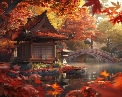 A serene Japanese garden in the heart of autumn, with vibrant red and orange maple leaves gently falling around a traditional wooden tea house. The scene is captured in the style of Studio Ghibli, with soft, whimsical details and a warm, inviting color palette. The image is taken with a wide-angle lens to encompass the tranquil pond, stone lanterns, and a small arched bridge in the background, all bathed in the golden light of the setting sun.