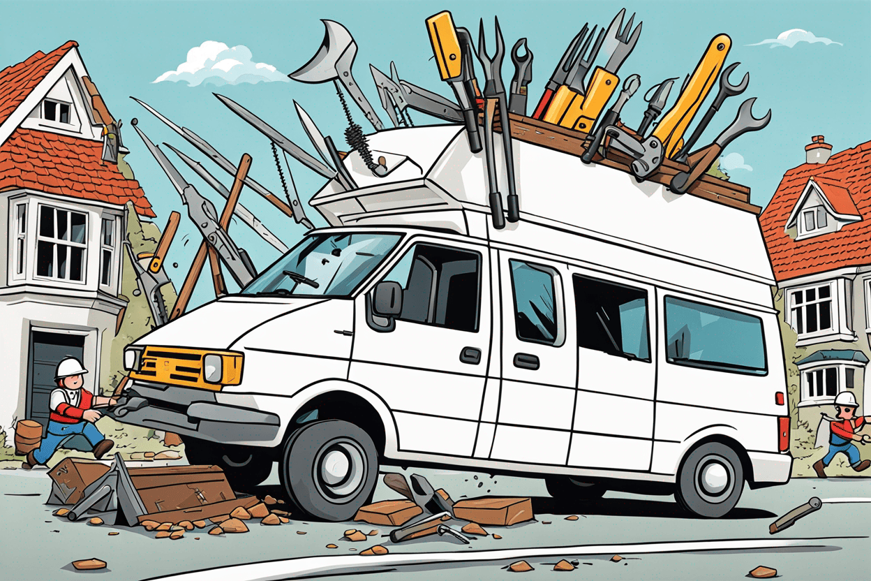 A white builders van with tools falling out while driving. In the style of Jan van Haasteren 