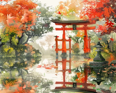 A serene Japanese garden in the heart of autumn, featuring a traditional red torii gate surrounded by vibrant maple trees with leaves in shades of red, orange, and yellow. The scene is reflected in a calm koi pond with lily pads, and a stone lantern sits nearby. The art style is inspired by the delicate brushwork of traditional Japanese ink wash painting (sumi-e), with a soft, ethereal quality. The image should be captured with a 50mm lens to emphasize the intricate details and depth of the garden.