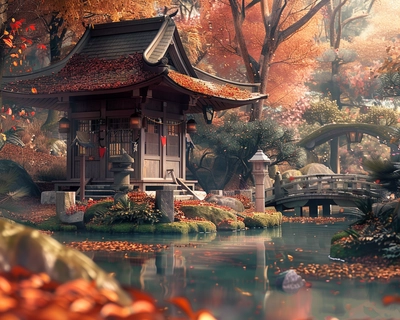 A serene Japanese garden in the heart of autumn, with vibrant red and orange maple leaves gently falling around a traditional wooden tea house. The scene is captured in the style of Studio Ghibli, with soft, whimsical details and a warm, inviting color palette. The image is taken with a wide-angle lens to encompass the tranquil pond, stone lanterns, and a small arched bridge in the background, all bathed in the gentle glow of the setting sun.