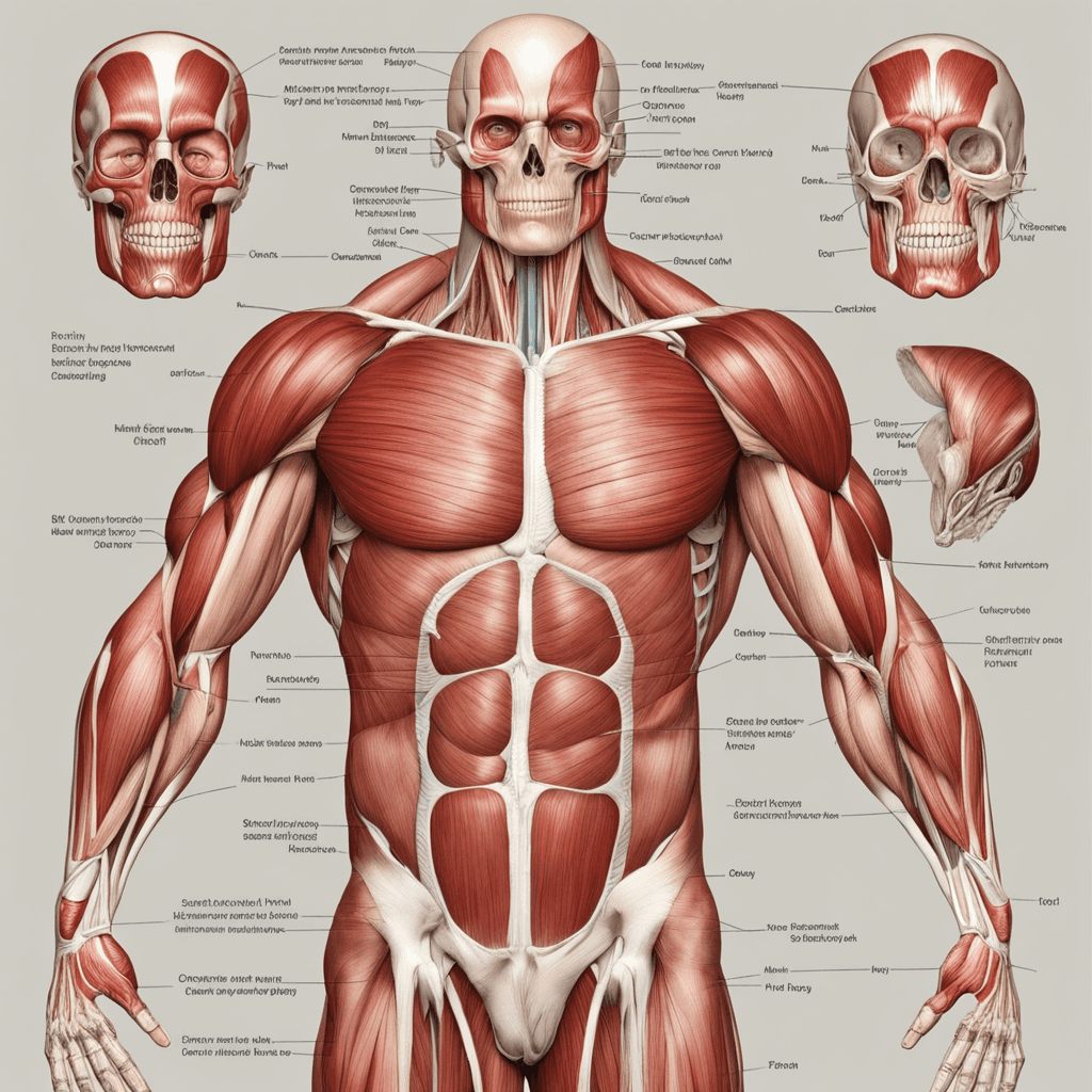 a picture of a human muscle anatomy, front part only. make it whole body, from head to toe.
