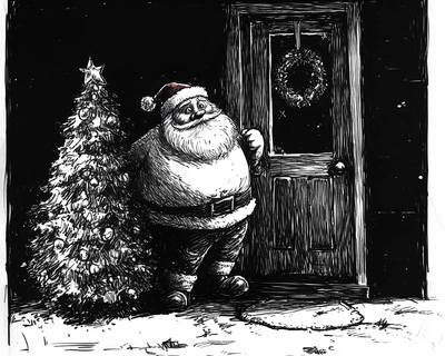 a black and white doodle-like image without many details, of a fat Santa Claus entering a home through a window next to a Christmas tree.
