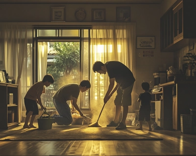 a picture of a family activity cleaning their living room where the father using feather dust on the table, sons is sweeping the floor and the mother are mopping the floor.