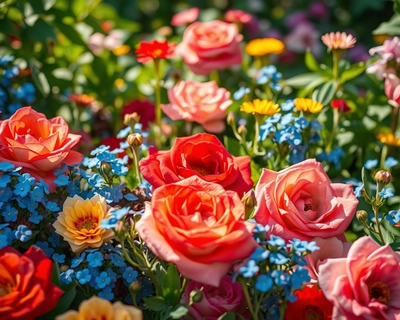 a lush garden with flowers, macro photography, extreme close-up, incredible detail, shallow depth of field, professional DSLR, natural daylight, clear and balanced lighting, highly detailed, rich textures, intricate details