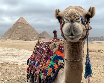 A picture of a camel in front of pyramids 