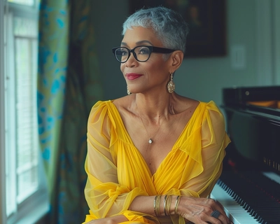 An African-American woman in her mid-50s with a short pixie haircut. Her hair color is gray mixed with black. She is wearing black cat eye glasses. She is wearing an elegant yellow gown and sitting on her piano bench with her hands folded in her lap in front of her piano look out of the window