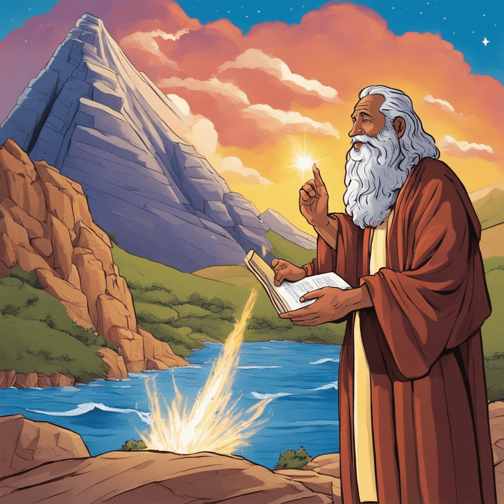 Create a puzzle of moses from the bible when he went into the mountains to talk with God and there he received the ten commandments. Add a bright light in the sky showing where God is. And show Moses holding a tablet of clay, with amazement from his face