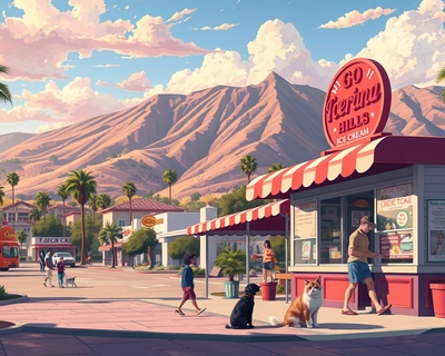 show the santa barbara hills in the background with an ice cream store in the forefront and add people dogs and cats, digital art, trending on artstation, highly detailed digital illustration, vibrant colors, highly detailed, rich textures, intricate details
