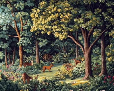 A picture of a forest with some wild animals that hides bihind, under, in trees, bushes, holes.