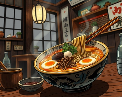 bowl of ramen in a japanese izakaya in the style of studio ghibli, highly detailed, rich textures, intricate details