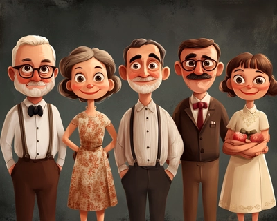 A picture of a family: mum, dad, brother, sister grandma, grandpa