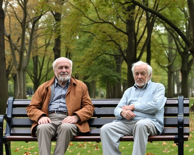 Picture of 2 old man sitting on a bench in a park with a lot of trees