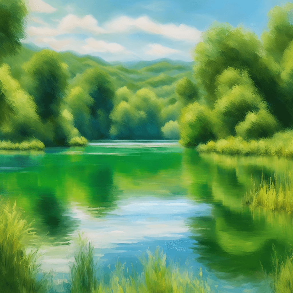 a picture of a peaceful lake surrounded by lush green hills and trees, painted in a dreamy, impressionistic style inspired by Monet, captured with a telephoto lens in 4K resolution.