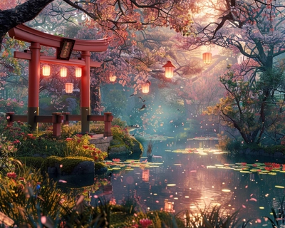 A serene Japanese garden at dusk, featuring a traditional red torii gate partially covered in moss, surrounded by blooming cherry blossom trees and a tranquil koi pond with lily pads. The scene is bathed in the soft, warm glow of lanterns hanging from the trees. The art style is inspired by the delicate and detailed works of Katsushika Hokusai, with a focus on capturing the intricate beauty and calmness of the setting. Use a 50mm lens to create a balanced perspective that highlights both the foreground details and the overall ambiance.