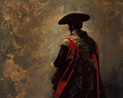 A painting by Goya, realistic, direct sun shine, dressed as a bullfighter.