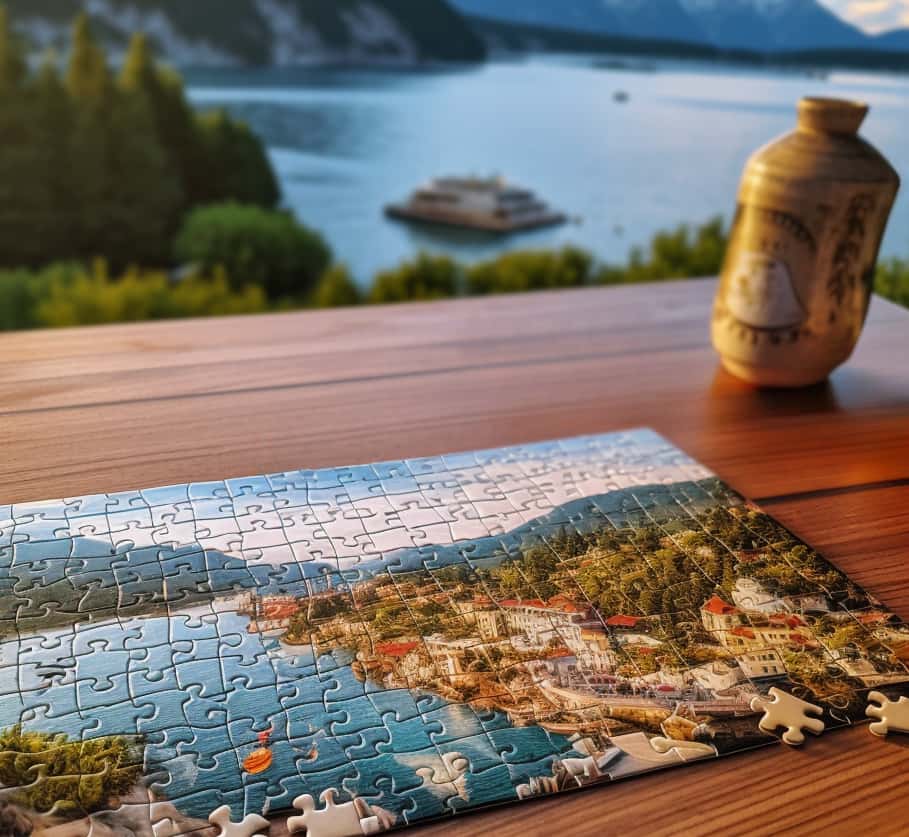 PuzzleGenerator.ai Hero Image of a puzzle on a wood table overlooking a lake