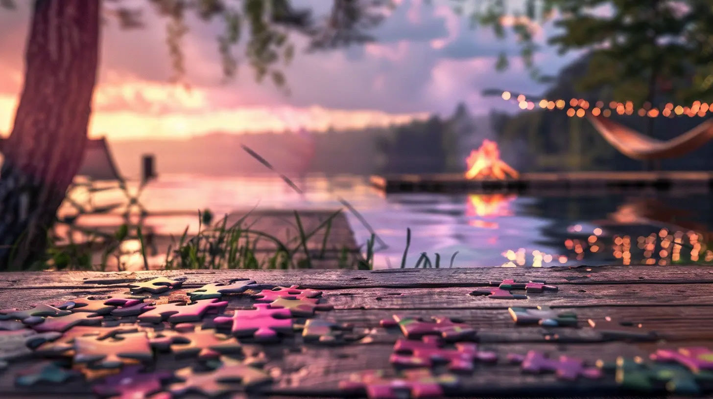 PuzzleGenerator.ai Hero Image of a puzzle on a wood table overlooking a lake